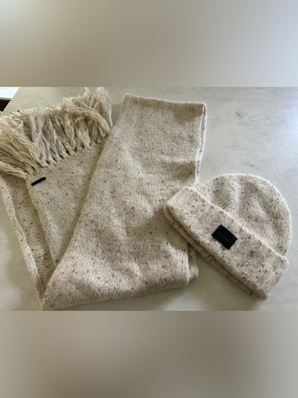 AllSaints Ivory Speckled Knit Alpaca and Wool Blend Scarf and Hat